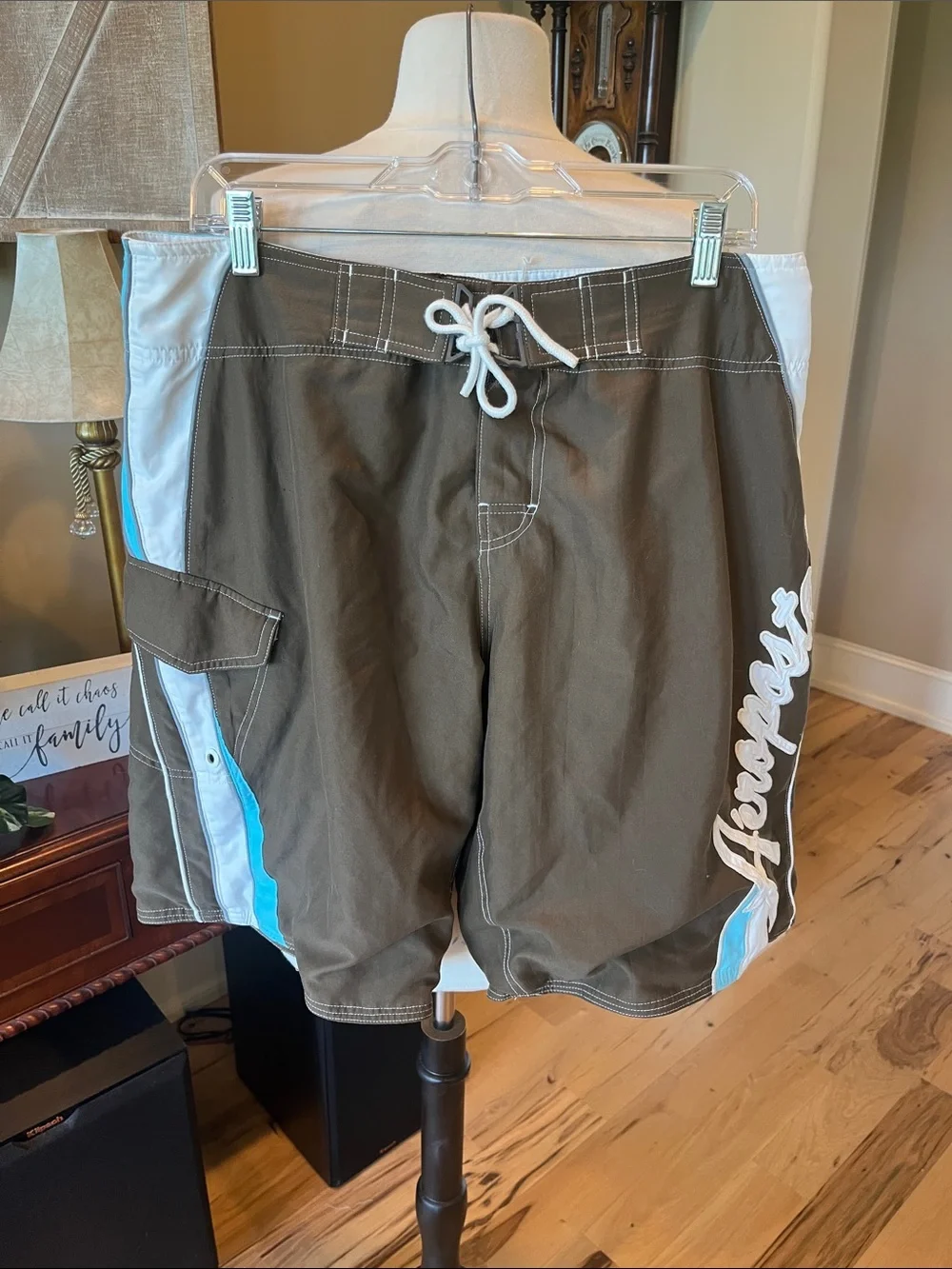 Aeropostale Retro Cargo Brown Swim Board Shorts with White & Light Blue Trim